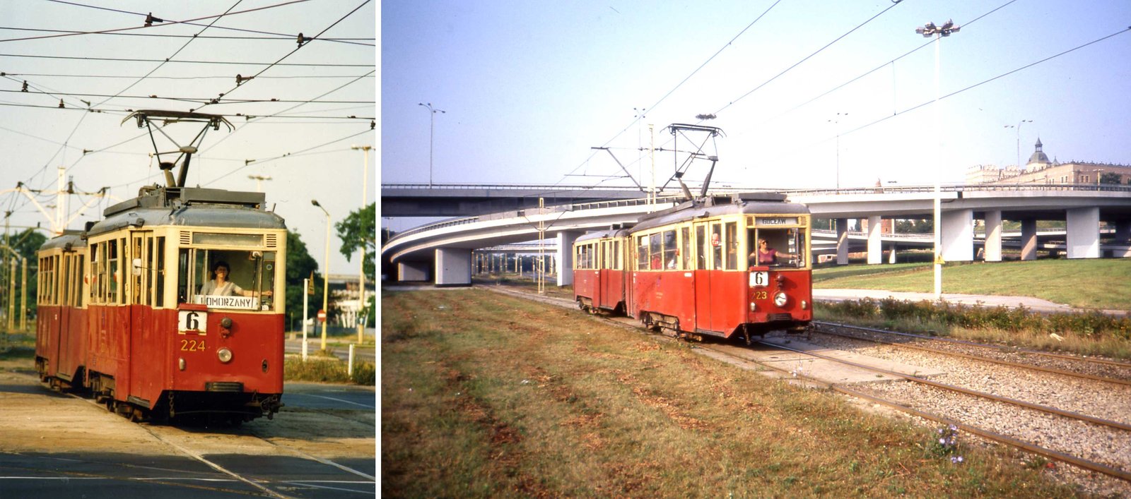 Two photos of heritage Konstal 4N trams in Szczecin from 1990: a red-and-cream line 6 set to Pomorzany and car 223 heading to Gocław, with the Castle Route and the Pomeranian Dukes' Castle in the background
