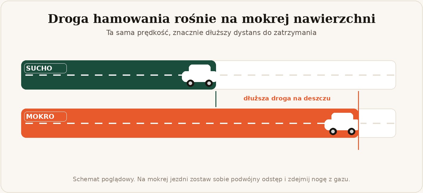 Infografika: droga hamowania na sucho kontra na mokro, na mokrej nawierzchni wyraźnie dłuższa