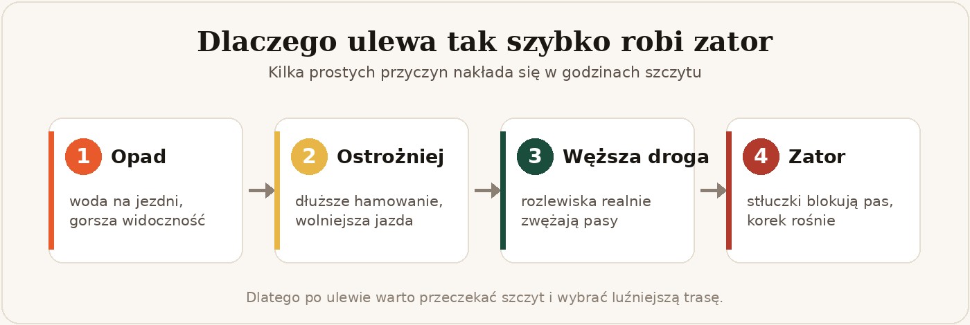 Infografika: cztery kroki od opadu do zatoru, opad, ostrożniejsza jazda, węższa droga, korek