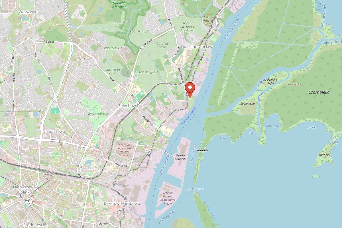 Map of northern Szczecin with a pin marking the waterfront at Grobla Street in Golęcino, on the Western Oder, along the water tram route