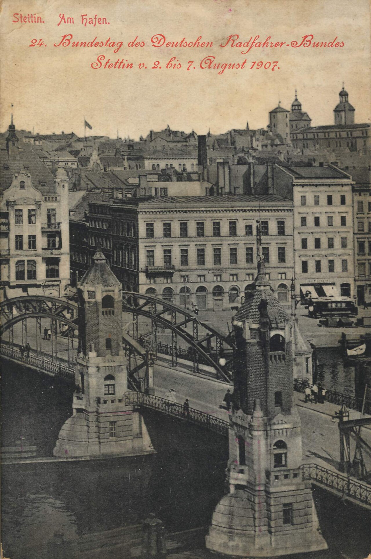 Historical 1907 postcard Stettin Am Hafen: a bridge and townhouses on the Oder in Szczecin